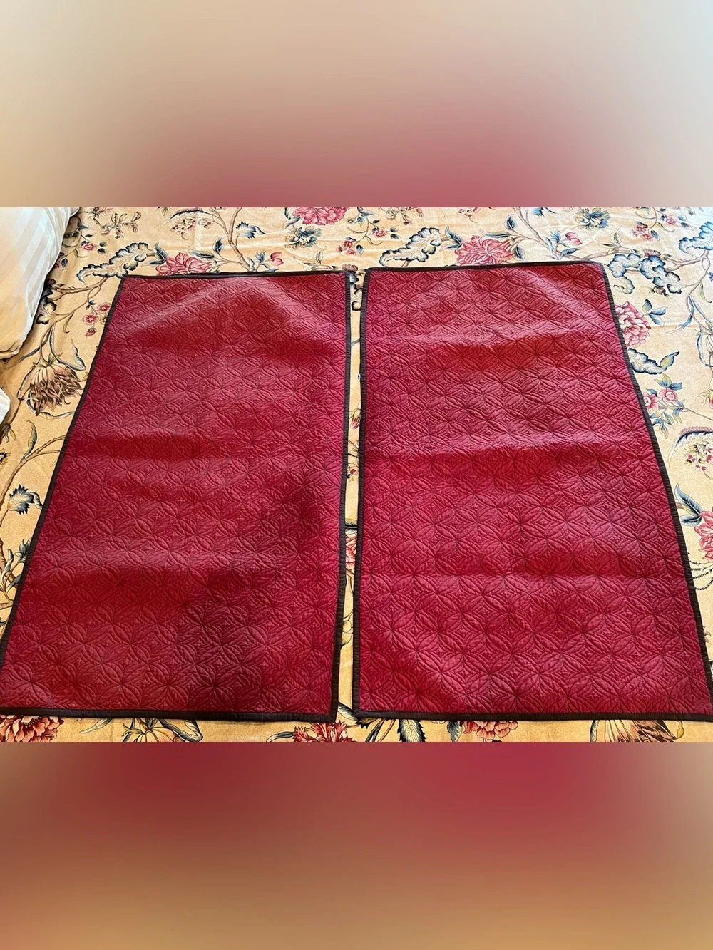 Restoration Hardware Quilted Silk Pillow Shams (2) King Curved Diamonds Rust Red